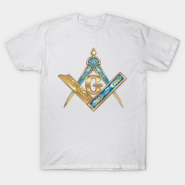 Compass & Square Masonic Symbol in blue and gold, for Those Who Travel East Towards The Light T-Shirt by hclara23